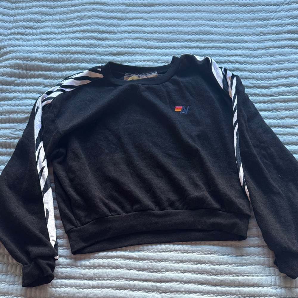 Aviator Nation Black Sweatshirt with Striped Sleeves